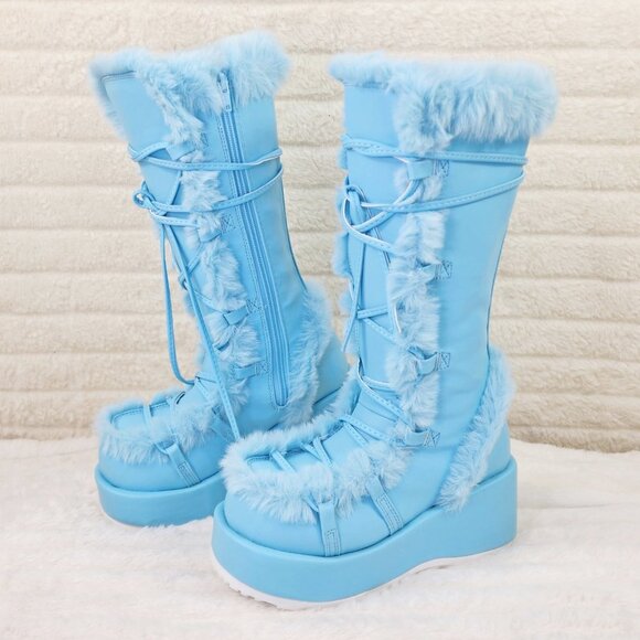 Baby Blue Pastel Goth 311 Platform Furry Faux Fur Stomper Knee Boots - Picture 1 of 16